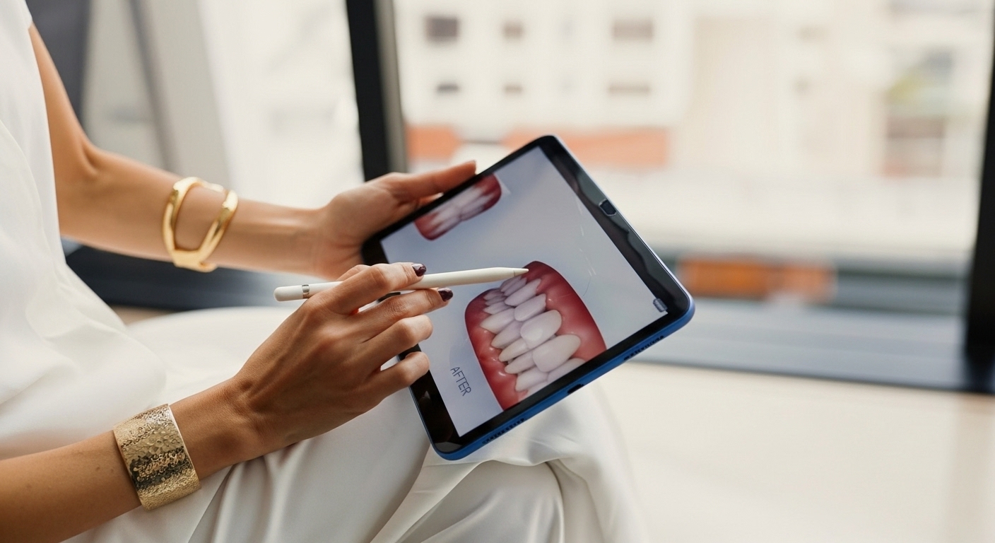 Profissional analisando arcada dentária em tablet