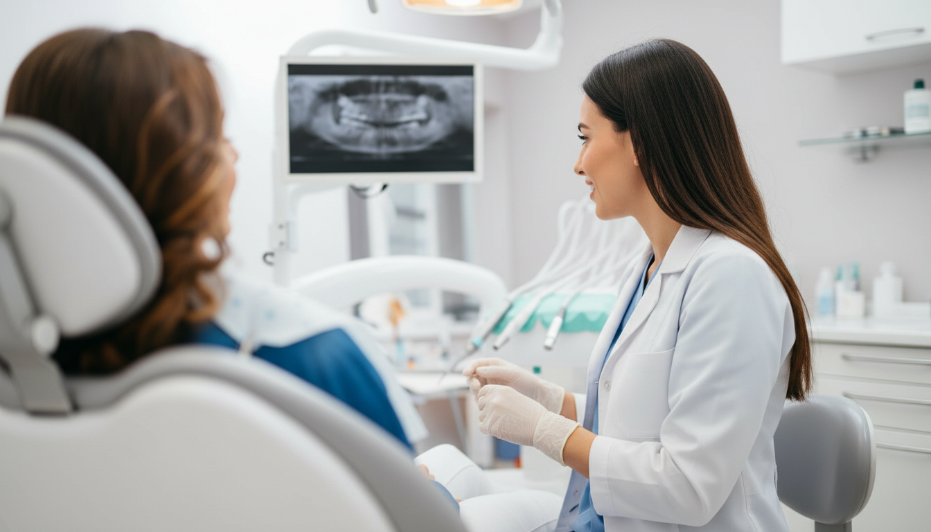 Dentista atendendo paciente com equipamento de diagnóstico